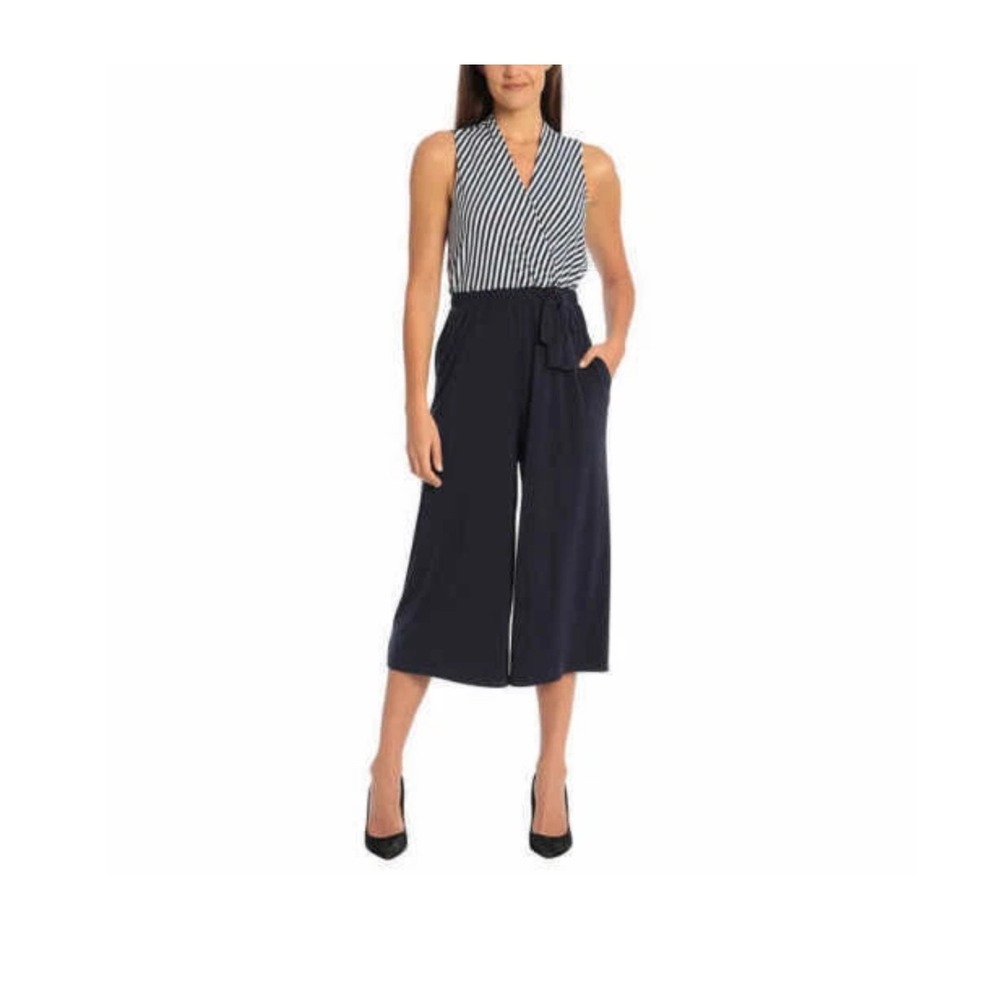 Sandra Darren Women's Striped Halter Culotte‎ Jumpsuit Navy White Size M NWT